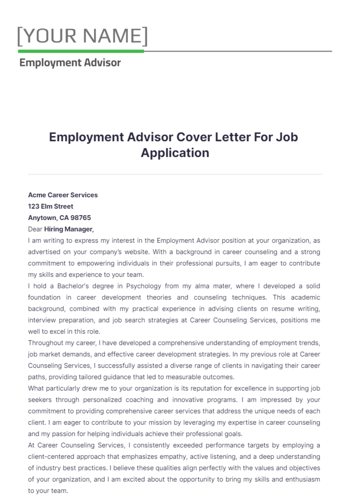 Free Employment Advisor Cover Letter For Job Application Template ...