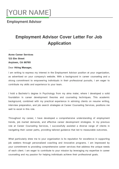 Free Employment Advisor Cover Letter For Job Application to Edit Online