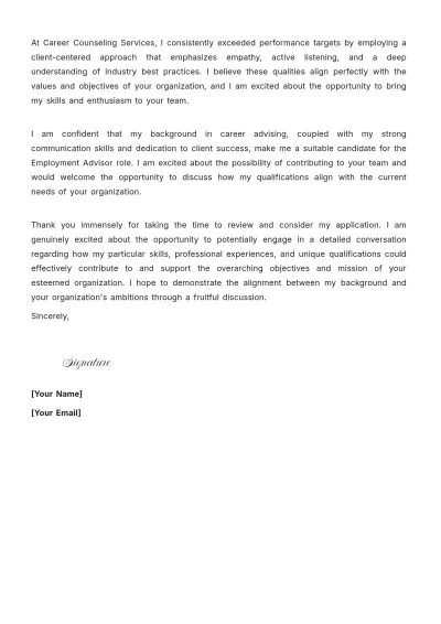 Free Employment Advisor Cover Letter For Job Application to Edit Online
