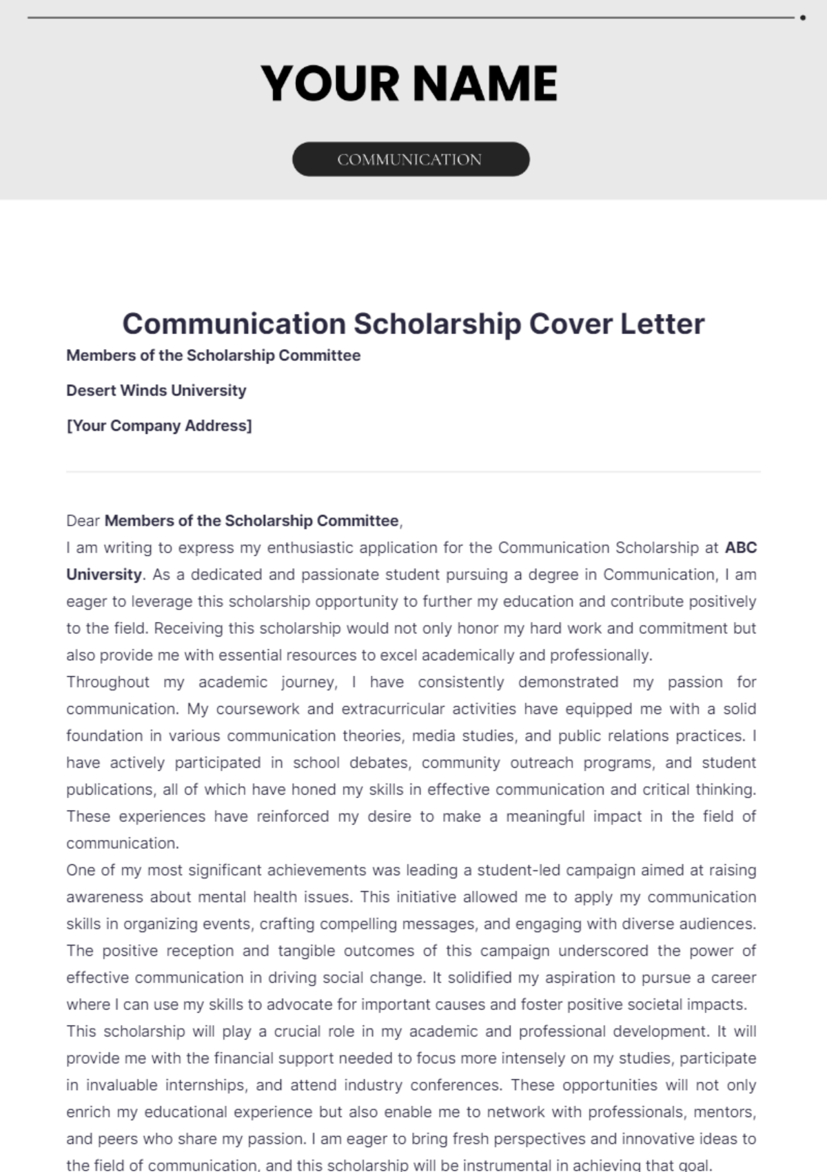 Communication Scholarship Cover Letter - Edit Online & Download