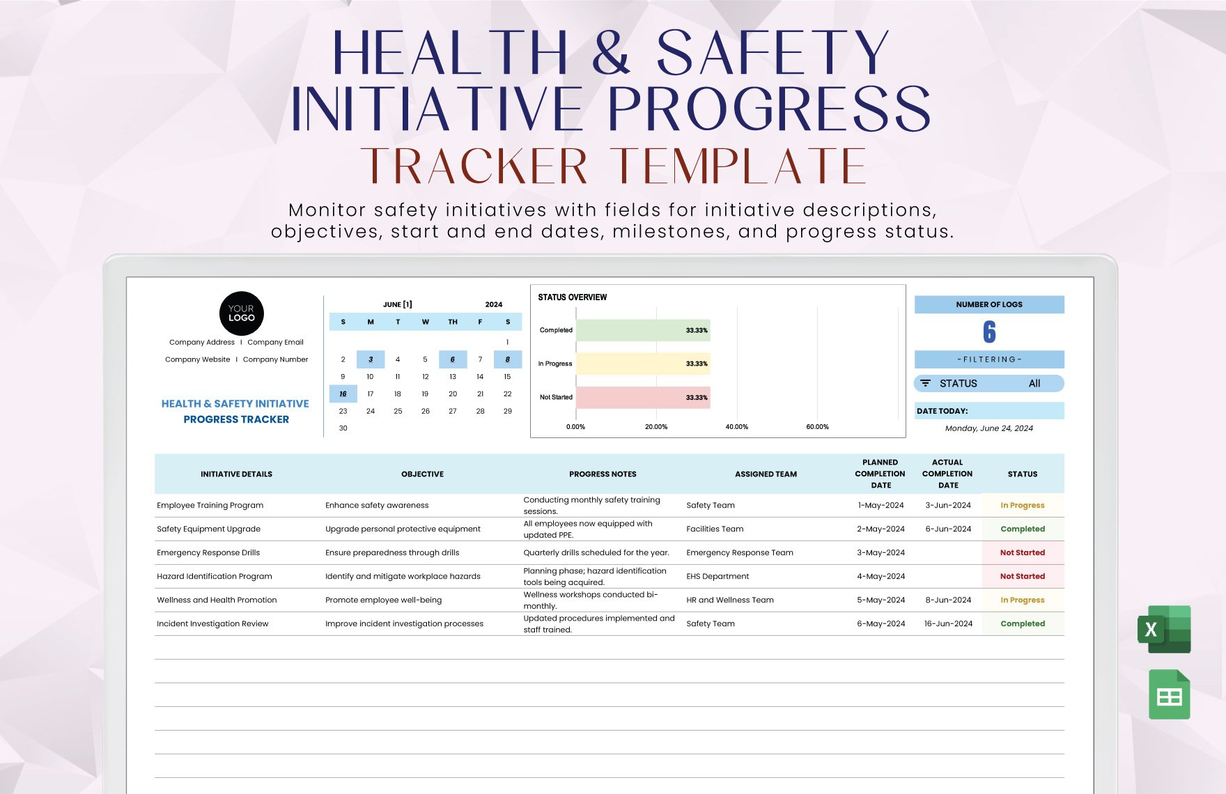 Health & Safety Initiative Progress Tracker Template in Excel, Google Sheets