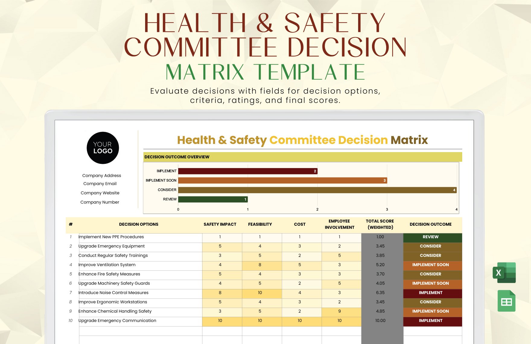 Health & Safety Committee Decision Matrix Template in Excel, Google Sheets