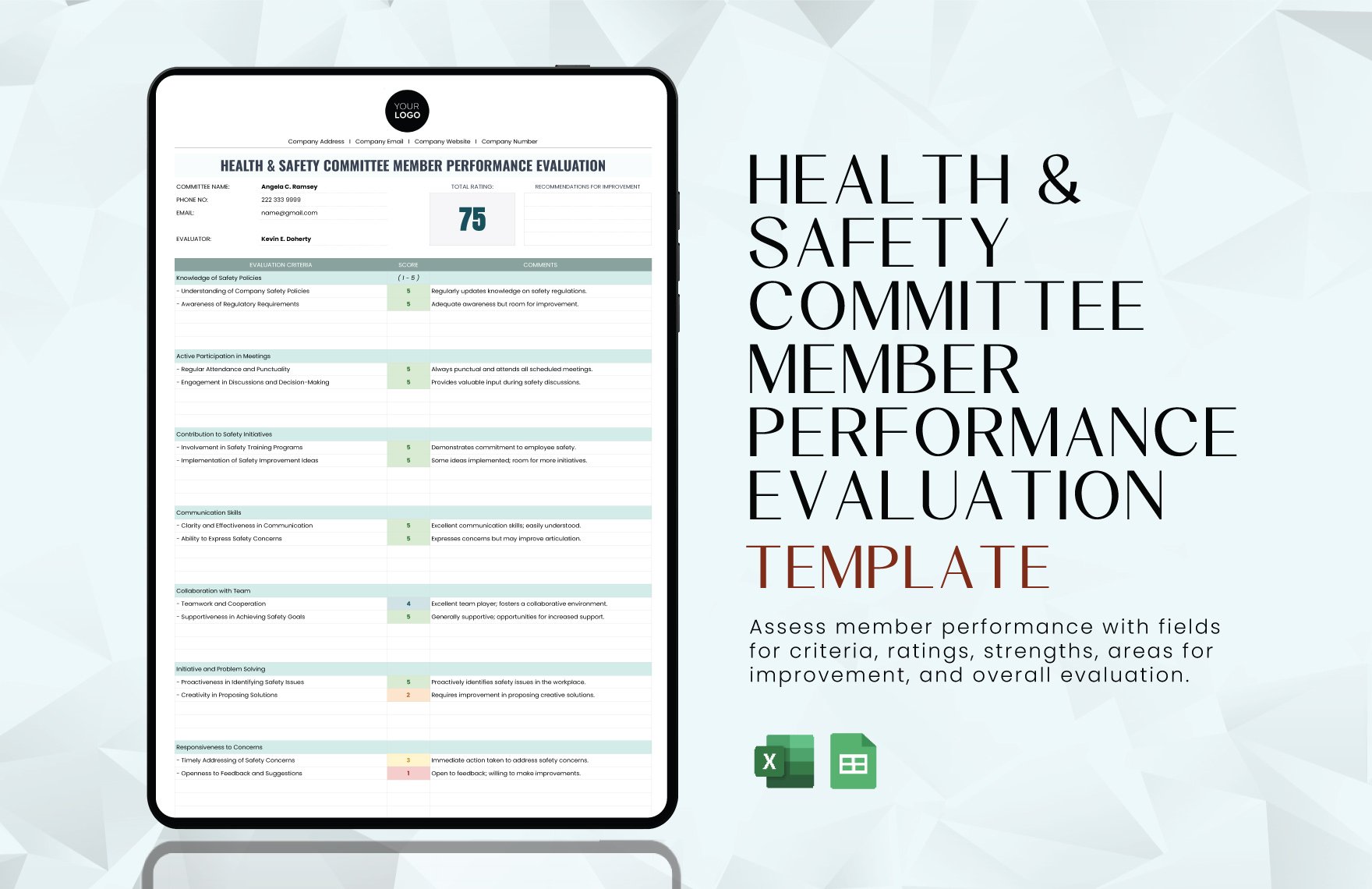 Health & Safety Committee Member Performance Evaluation Template in Excel, Google Sheets