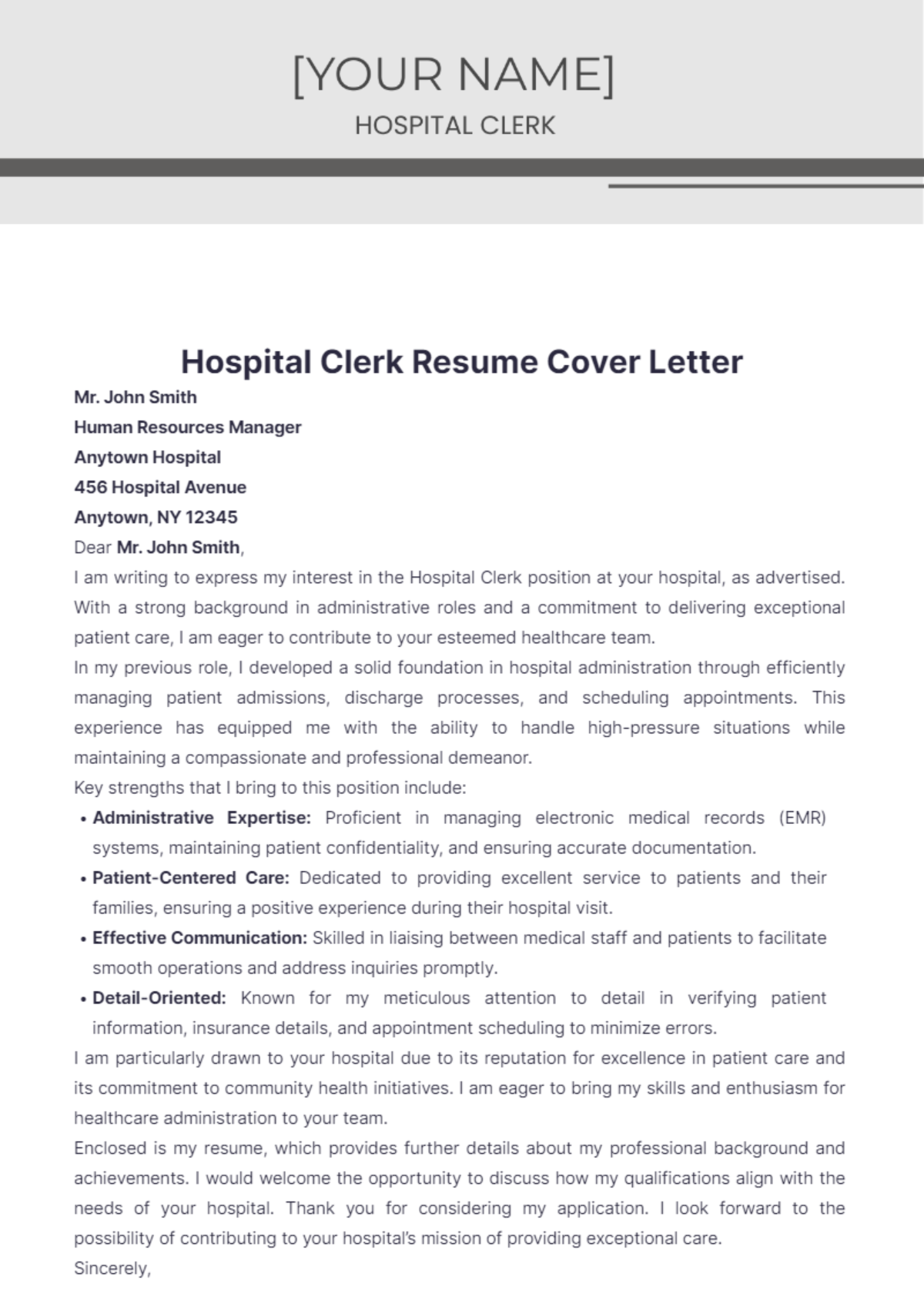 Hospital Clerk Resume Cover Letter - Edit Online & Download