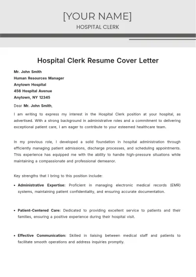 Free Hospital Clerk Resume Cover Letter to Edit Online