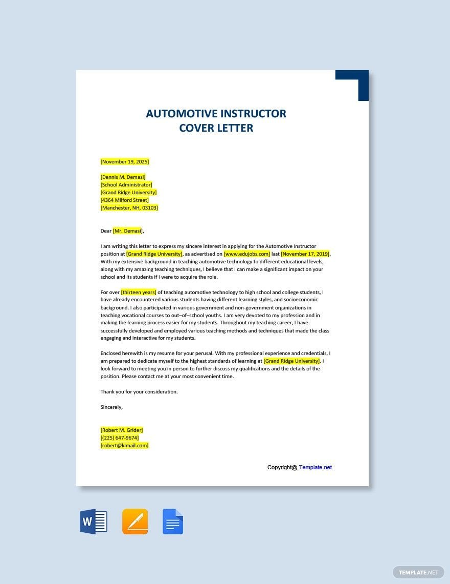 Automotive Instructor Cover Letter