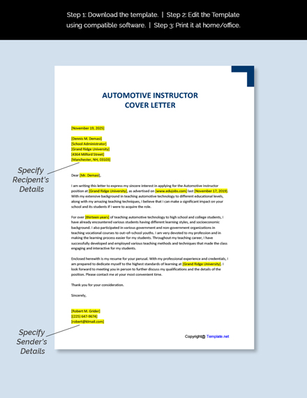 Automotive Instructor Cover Letter Template