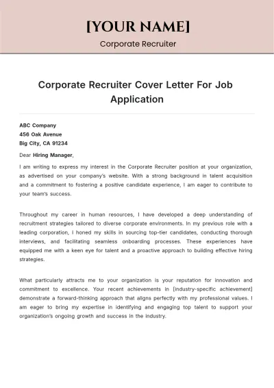 Free Corporate Recruiter Cover Letter For Job Application to Edit Online