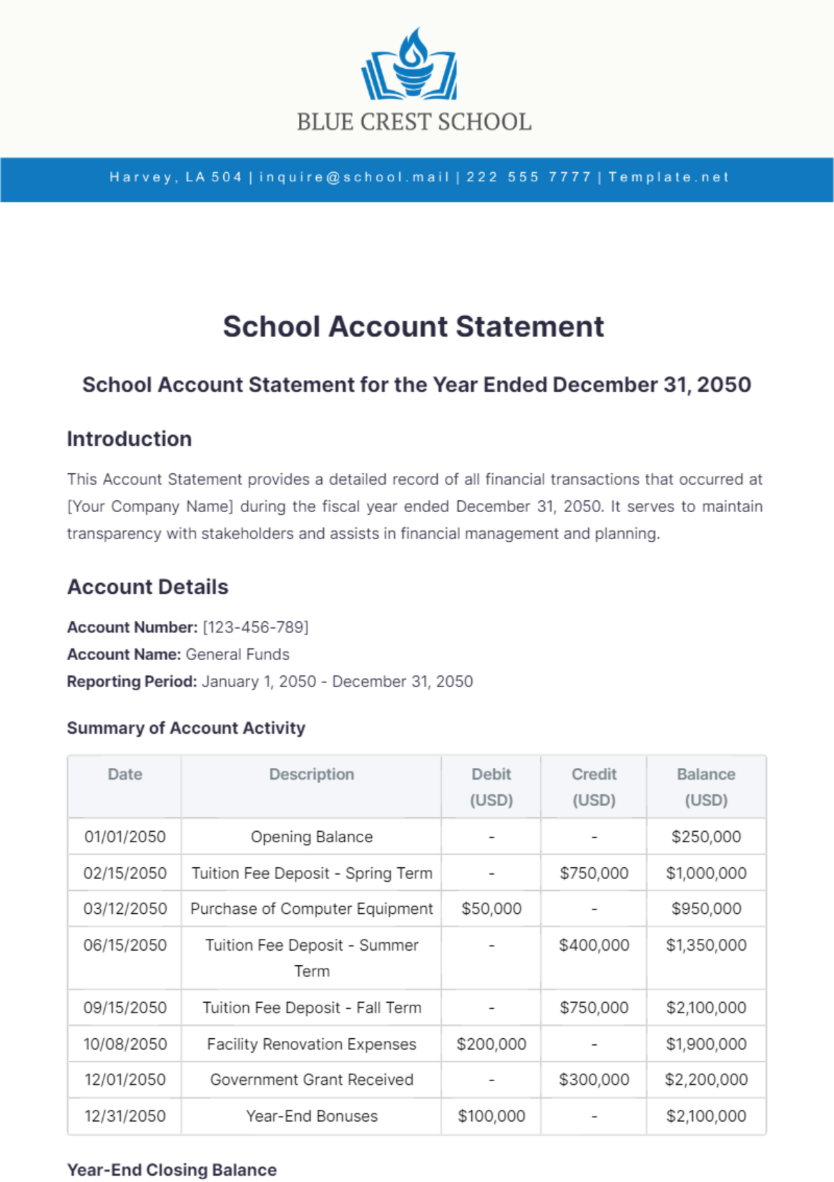 School Account Statement Template - Edit Online & Download