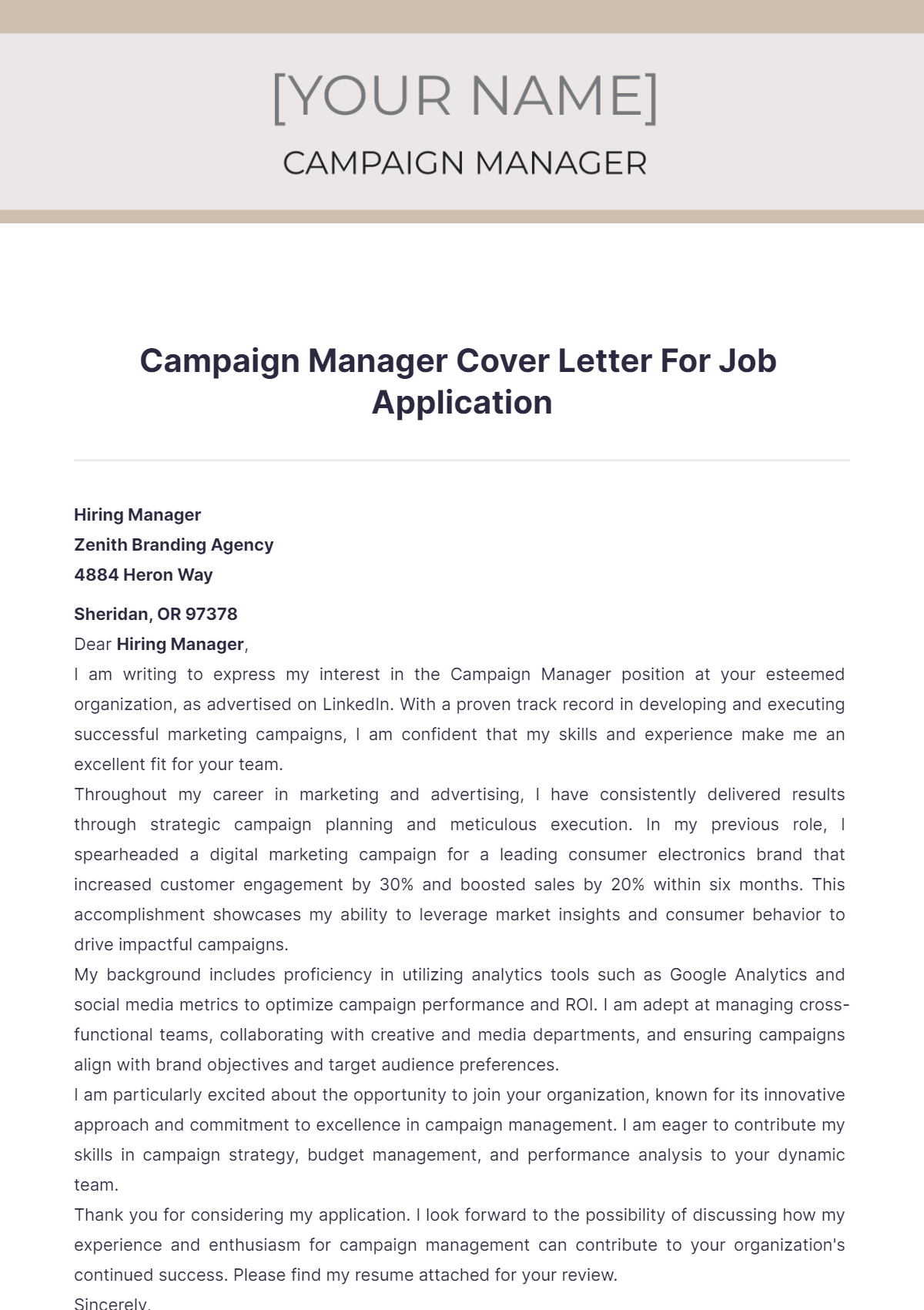 Campaign Manager Cover Letter For Job Application - Edit Online & Download