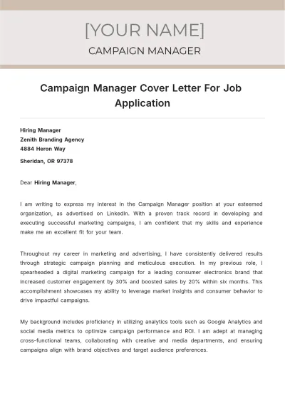 Free Campaign Manager Cover Letter For Job Application to Edit Online