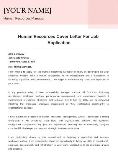 Free Human Resources Cover Letter For Job Application to Edit Online