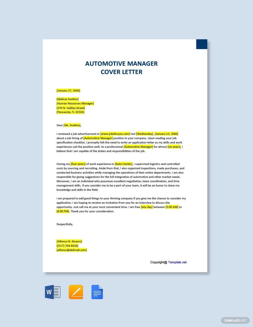 Automotive Manager Cover Letter