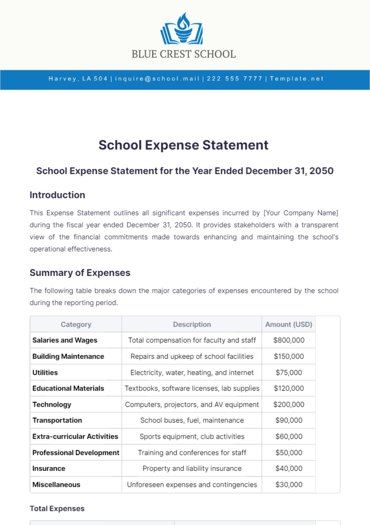 School Expense Statement Template - Edit Online & Download