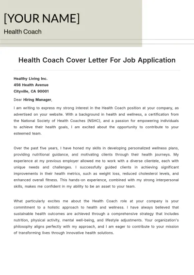 Free Health Coach Cover Letter For Job Application to Edit Online