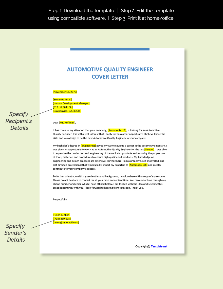 Automotive Quality Engineer Cover Letter