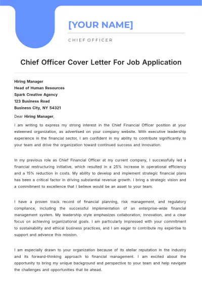 Free Chief Officer Cover Letter For Job Application to Edit Online