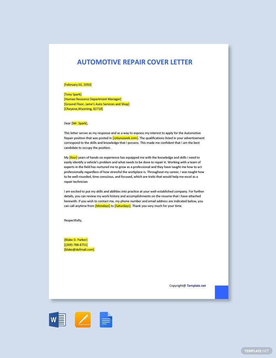 Free Automotive Repair Cover Letter Template