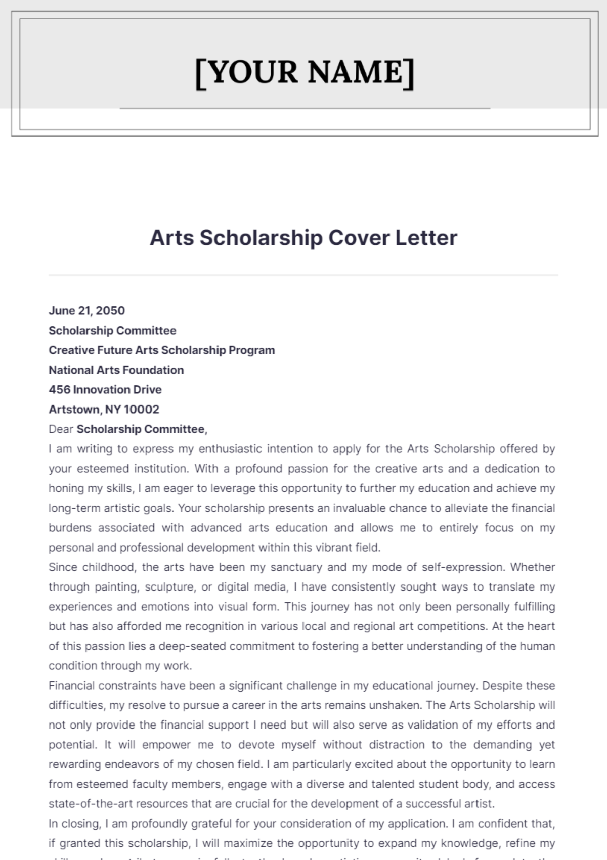 Arts Scholarship Cover Letter - Edit Online & Download