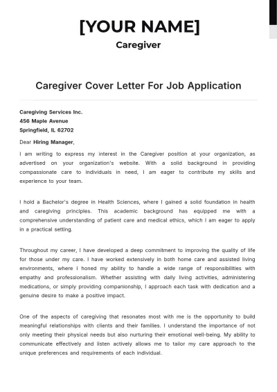 Free Caregiver Cover Letter For Job Application to Edit Online