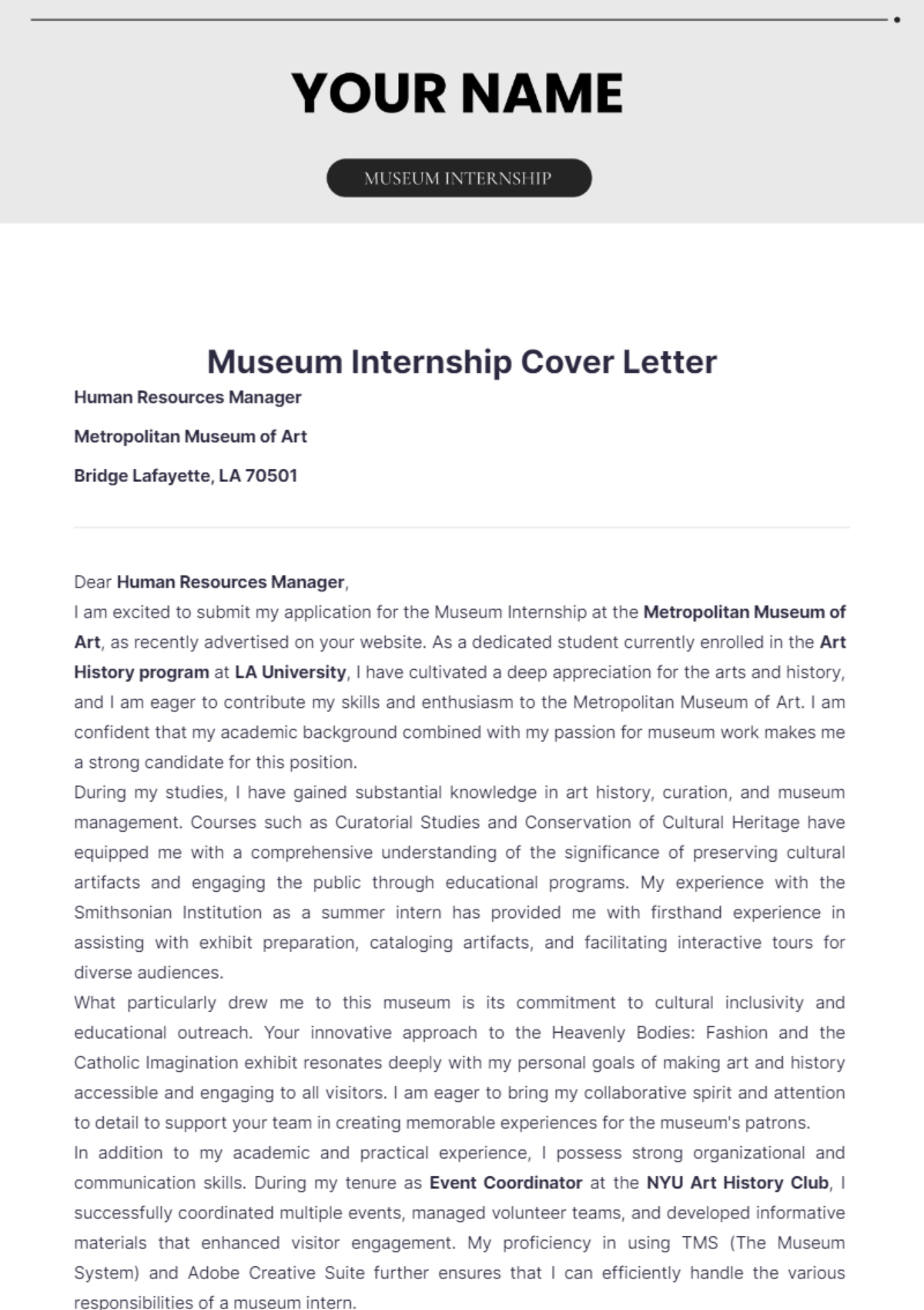 cover letter for museum internship