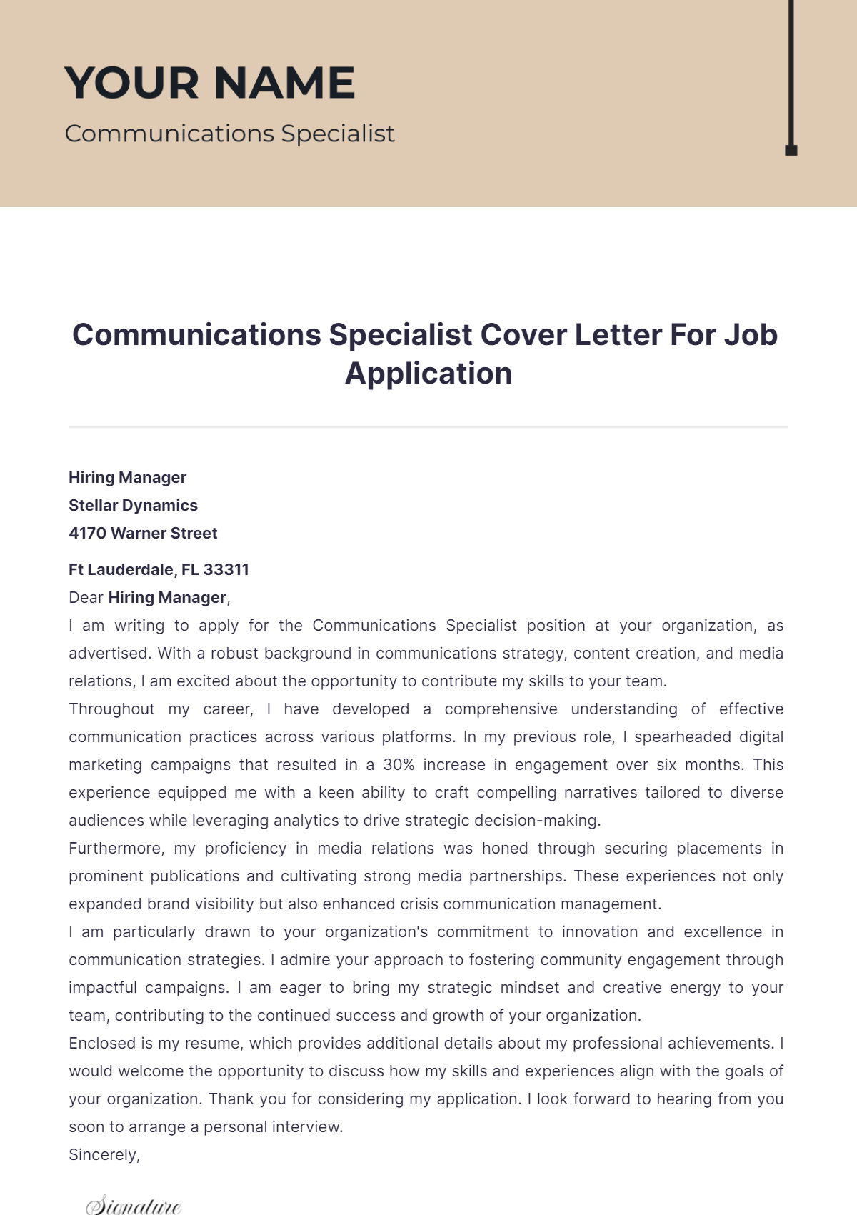 Communications Specialist Cover Letter For Job Application - Edit Online & Download