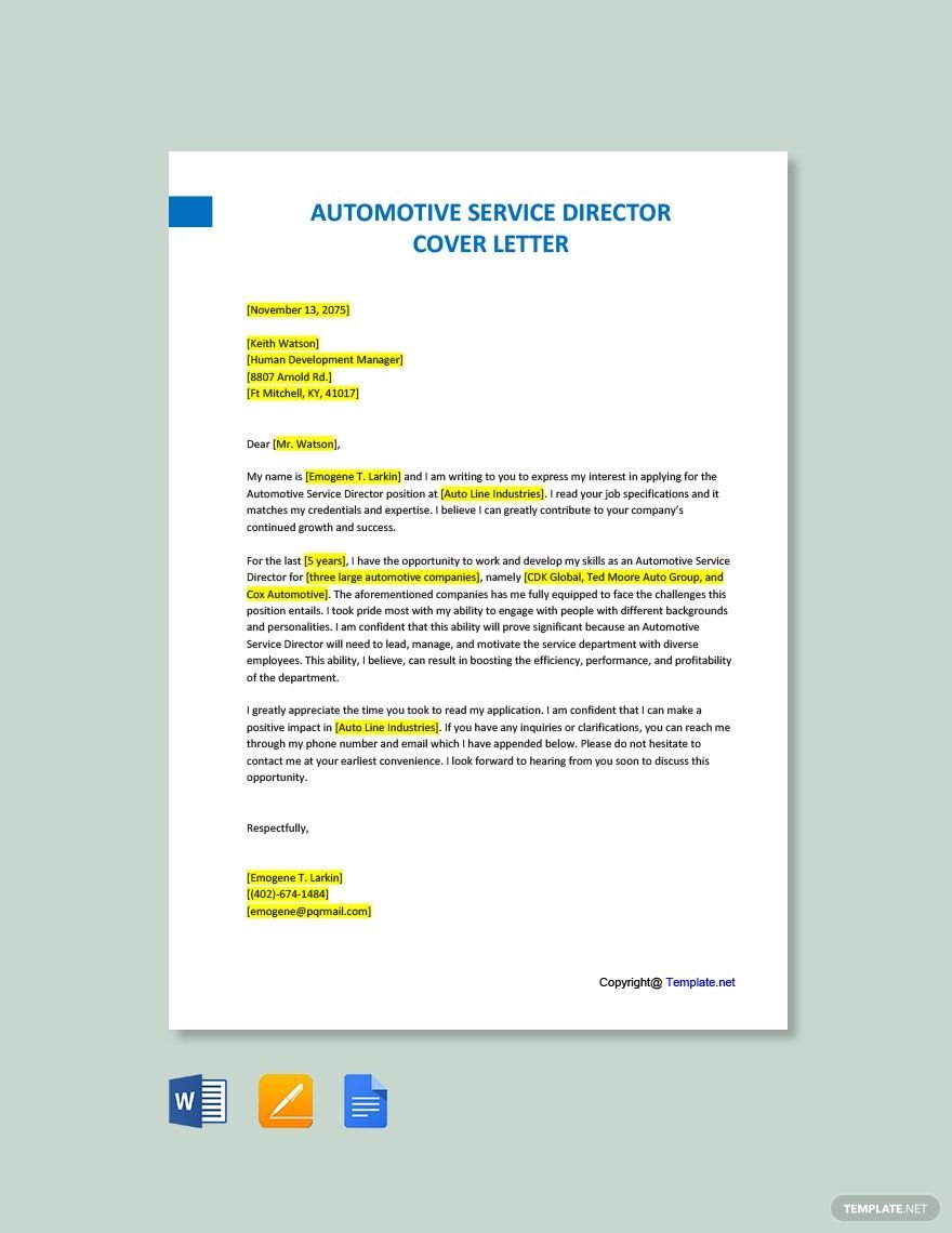 Automotive Service Director Cover Letter