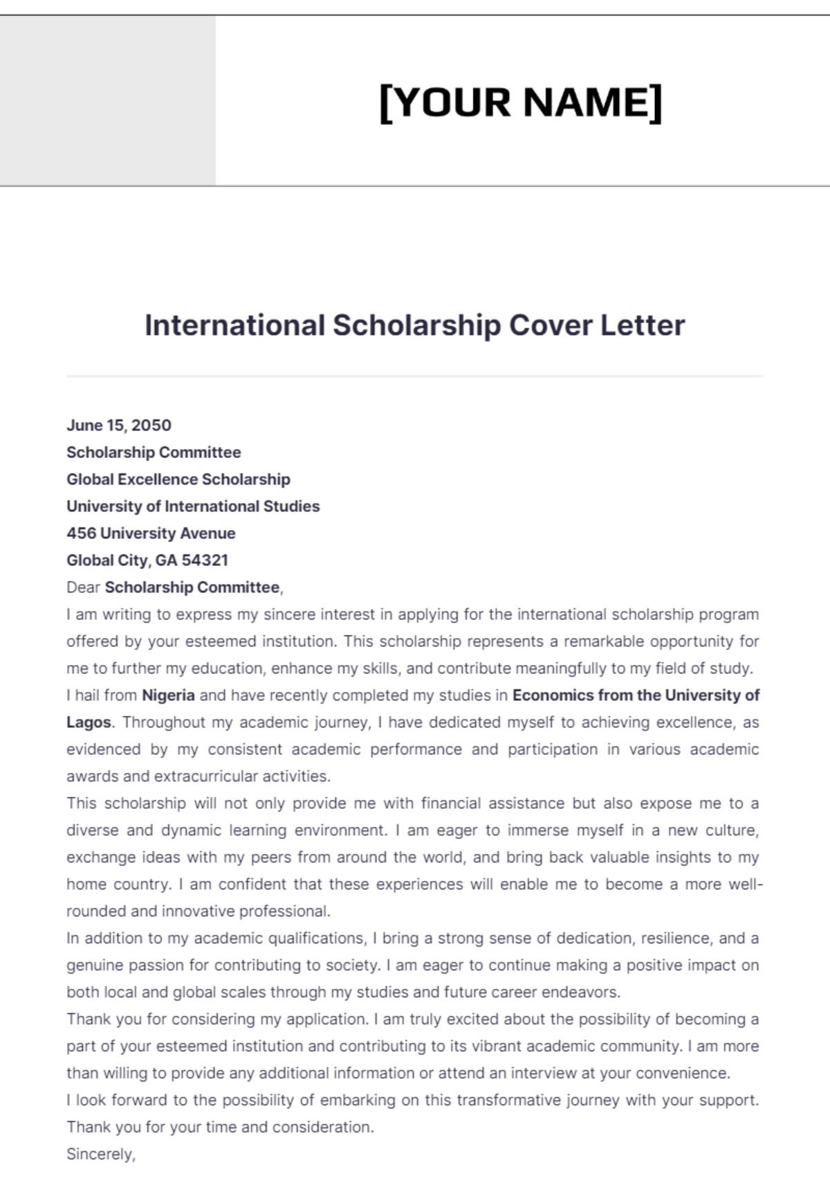 International Scholarship Cover Letter - Edit Online & Download