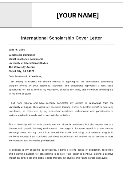 Free International Scholarship Cover Letter to Edit Online