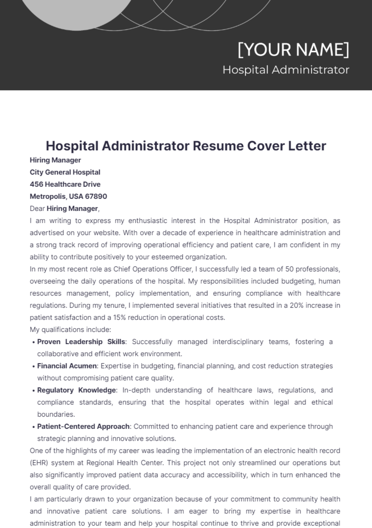 Hospital Administrator Resume Cover Letter - Edit Online & Download