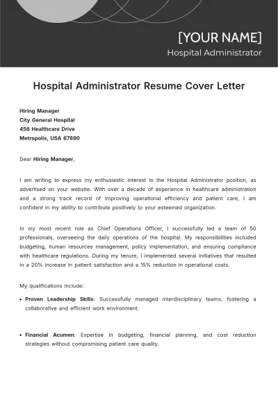 Free Hospital Administrator Resume Cover Letter to Edit Online