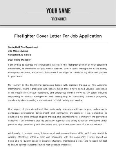 Free Firefighter Cover Letter For Job Application to Edit Online