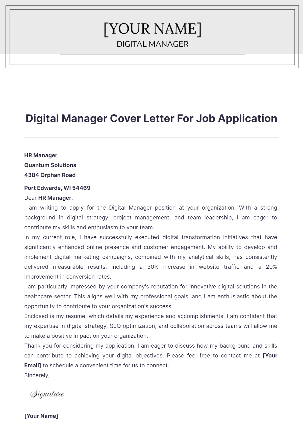 Digital Manager Cover Letter For Job Application - Edit Online & Download