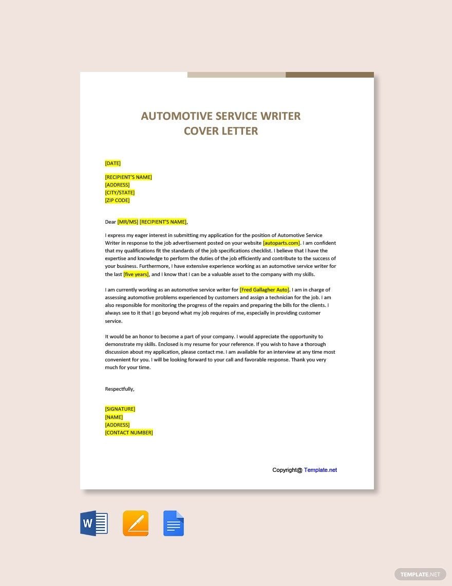 Automotive Service Writer Cover Letter