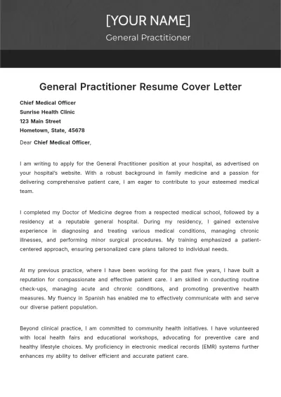 Free General Practitioner Resume Cover Letter to Edit Online