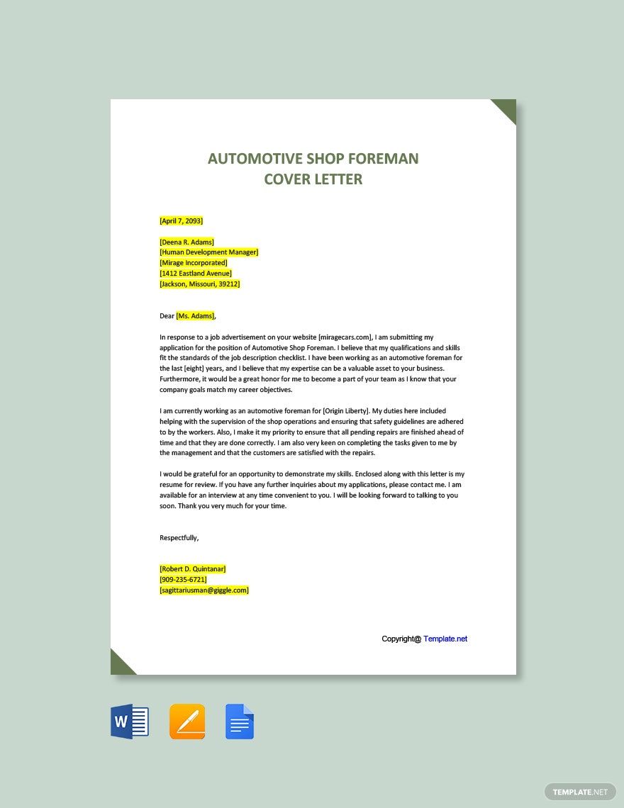 Automotive Shop Foreman Cover Letter in Word, Pages, PDF, Google Docs - Download | Template.net