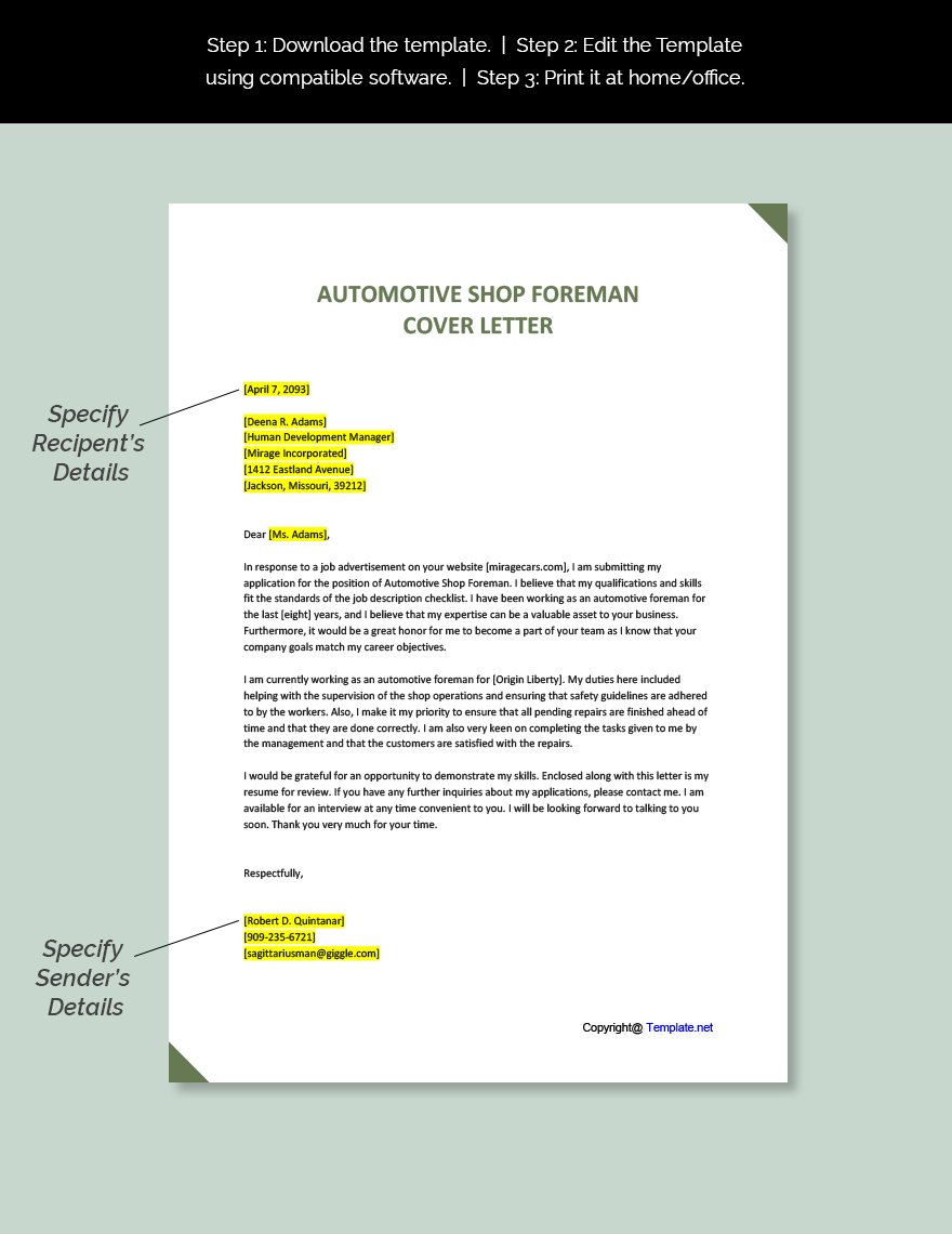 Automotive Shop Foreman Cover Letter