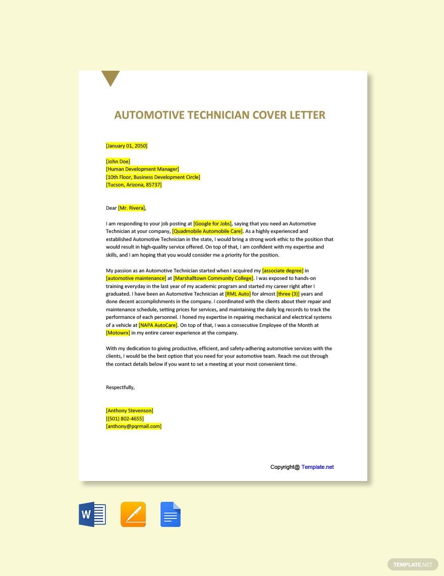 Automotive Technician Cover Letter in Word, Pages, PDF, Google Docs - Download | Template.net