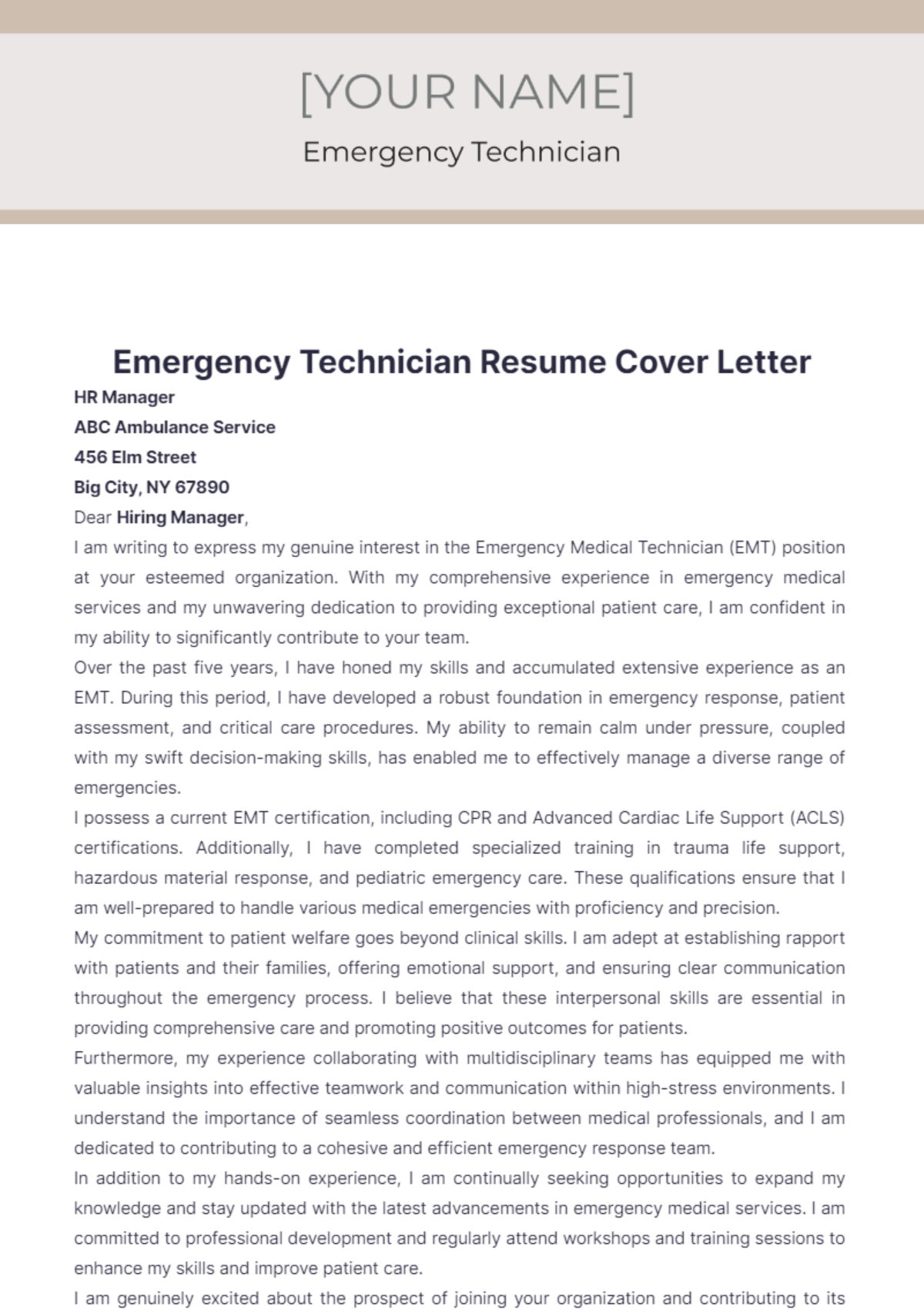 Emergency Technician Resume Cover Letter - Edit Online & Download