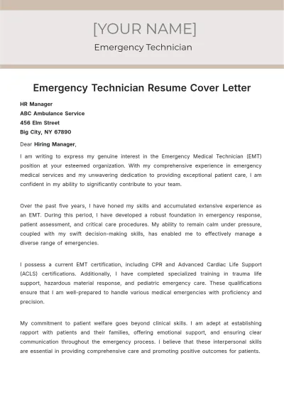 Free Emergency Technician Resume Cover Letter to Edit Online