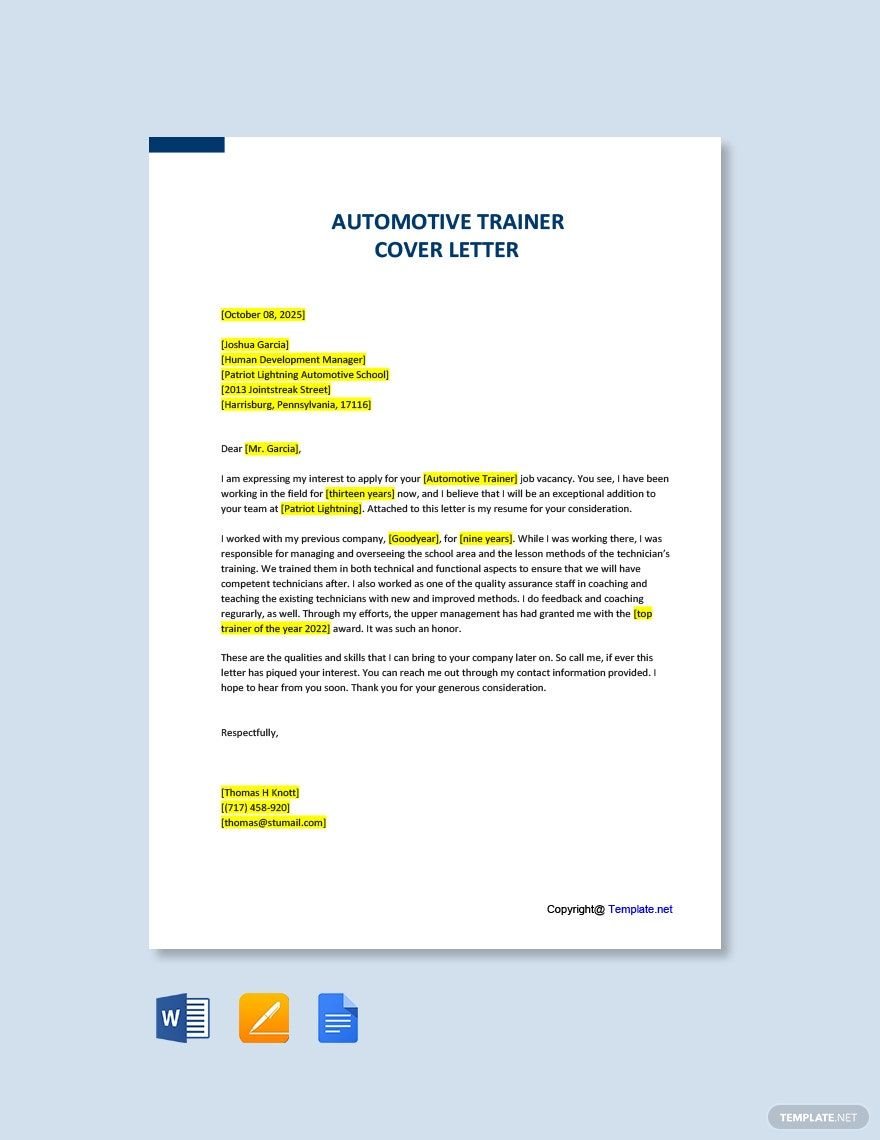 Automotive Trainer Cover Letter