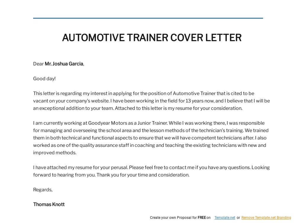 Free Automotive Trainer Cover Letter Template.jpe