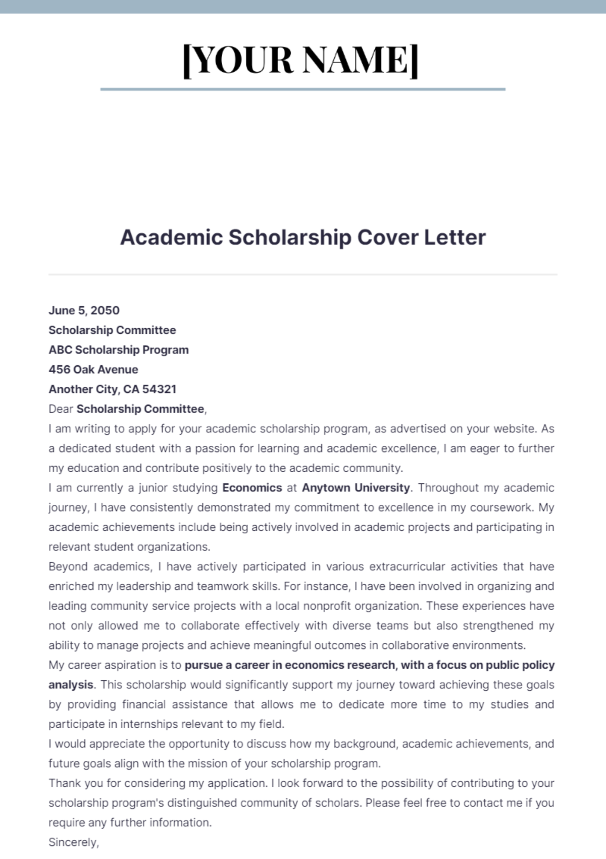 Academic Scholarship Cover Letter - Edit Online & Download