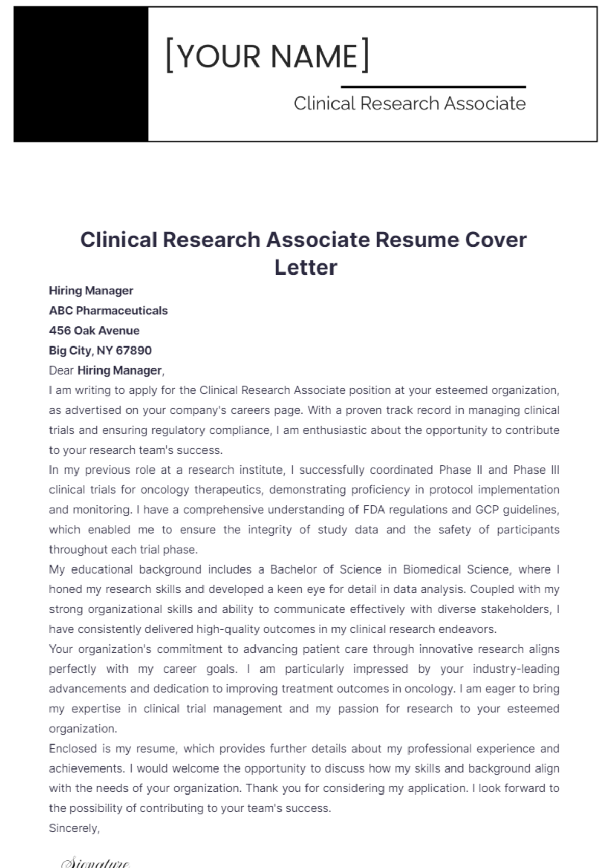 Clinical Research Associate Resume Cover Letter - Edit Online & Download