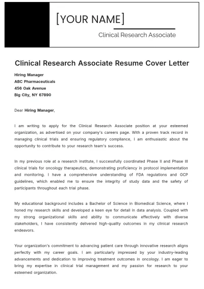 Free Clinical Research Associate Resume Cover Letter to Edit Online