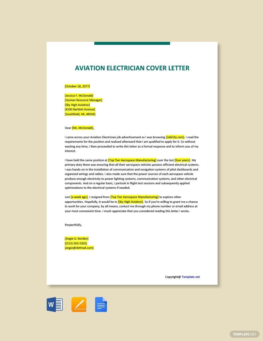 Aviation Electrician Cover Letter