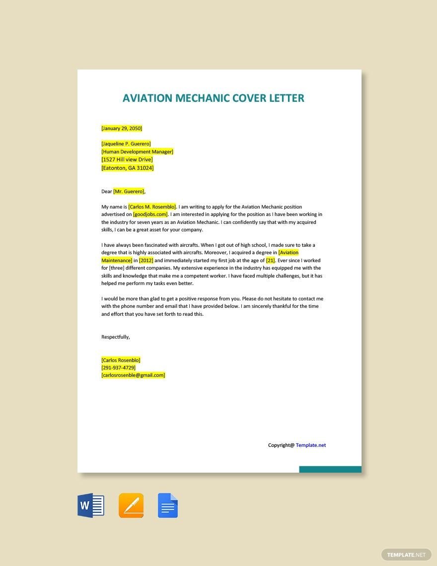 Aviation Mechanic Cover Letter