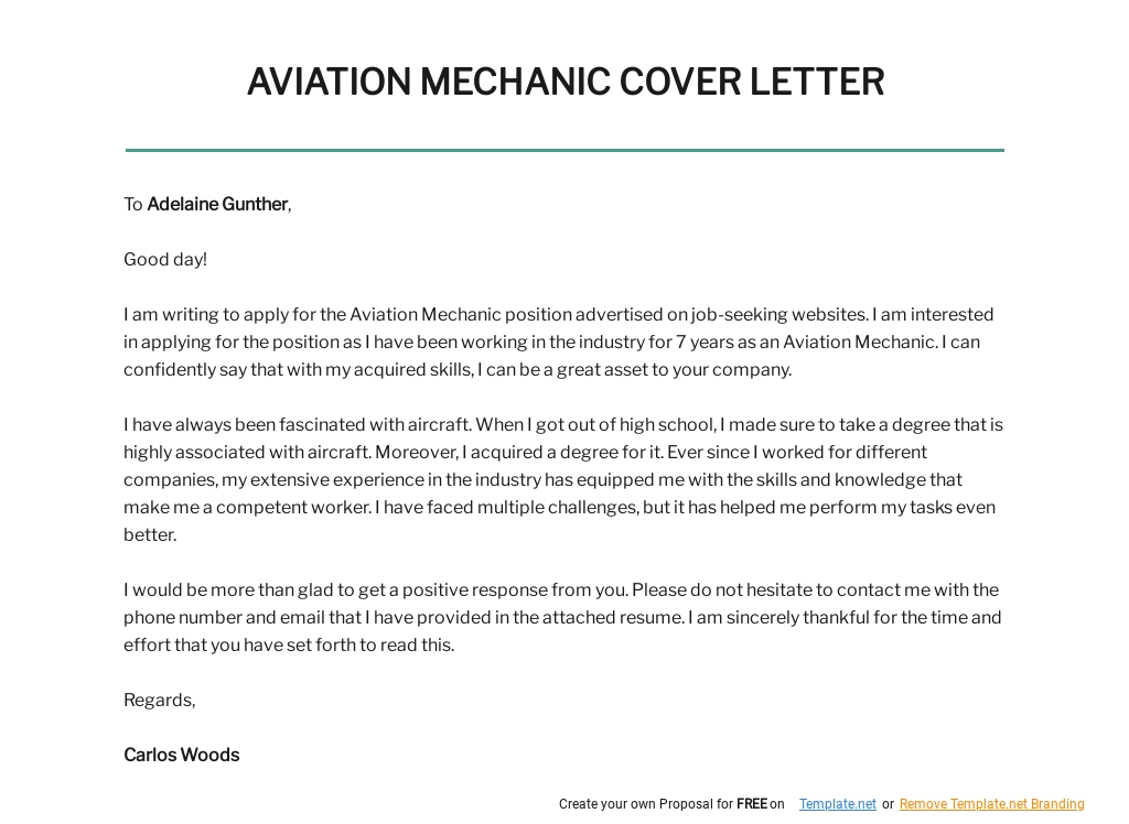 Free Aviation Mechanic Cover Letter Template.jpe