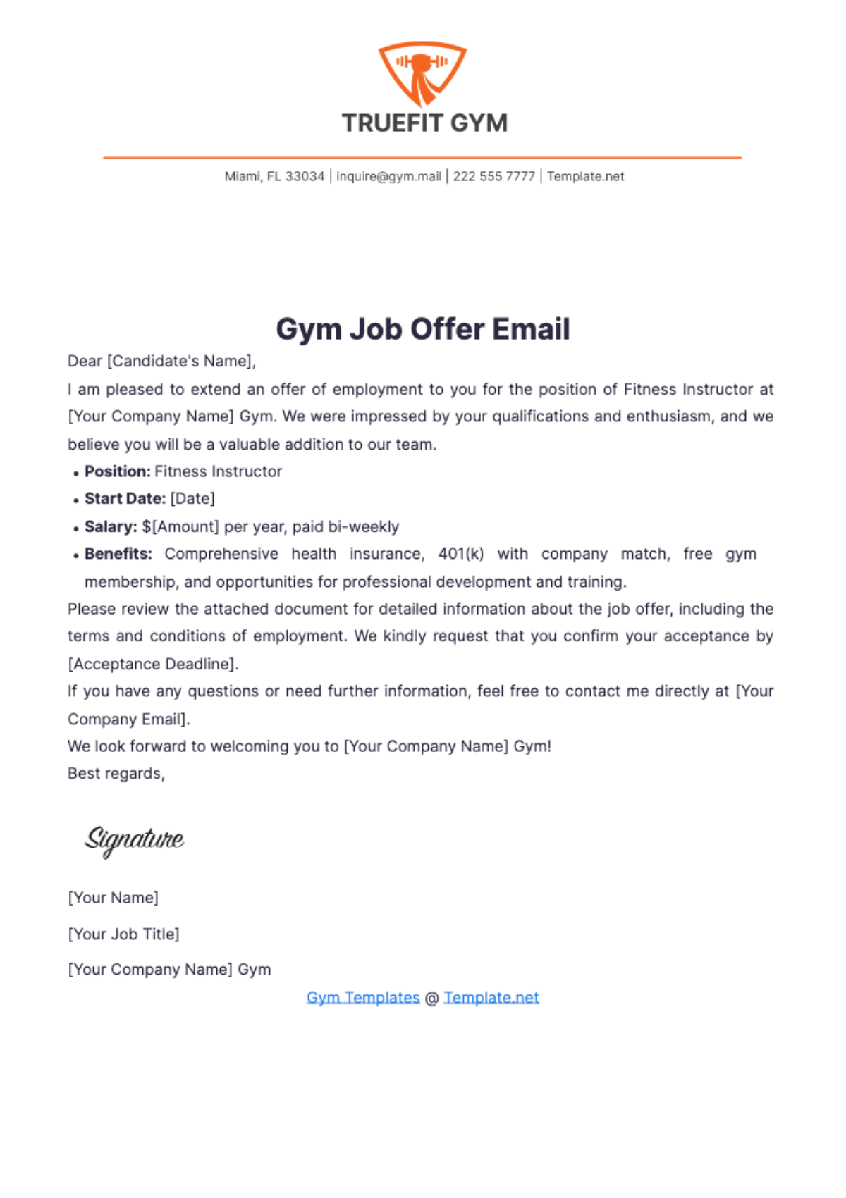 Gym Job Offer Email Template