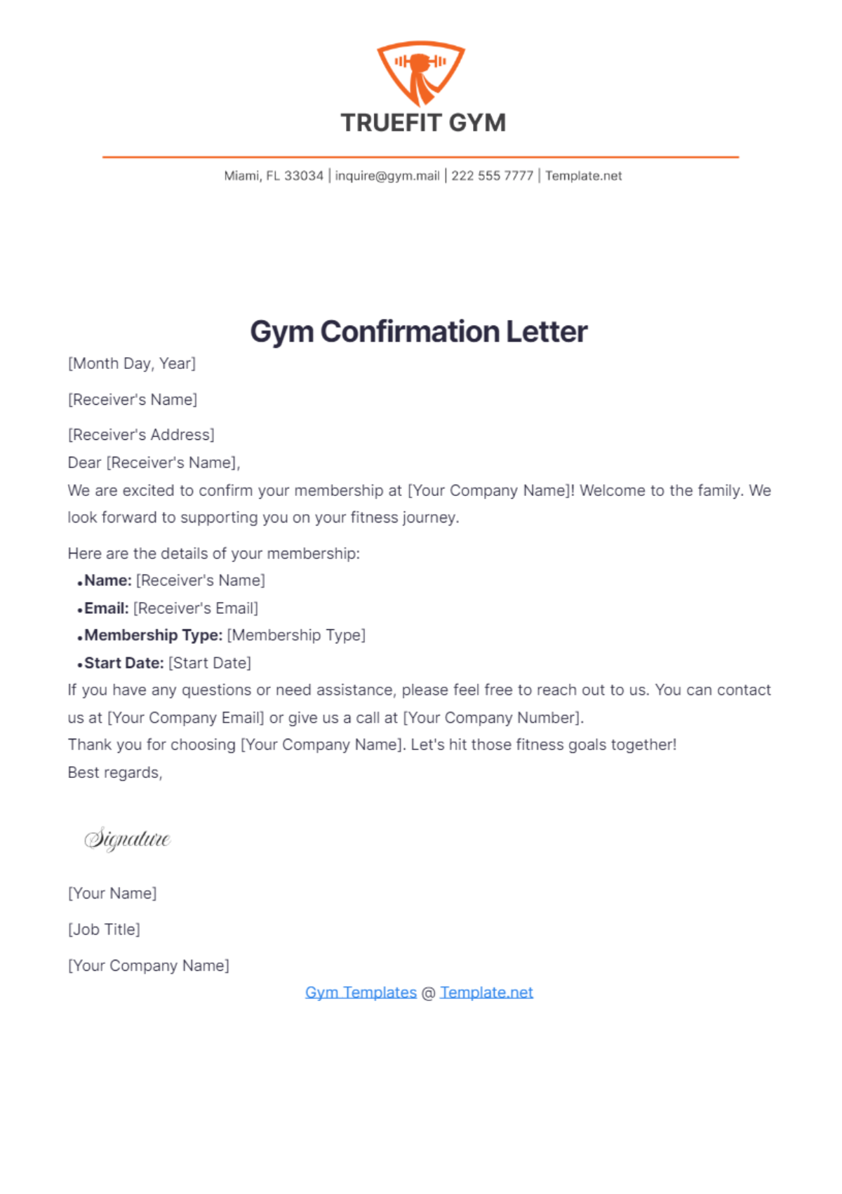 Gym Confirmation Letter Template - Edit Online & Download